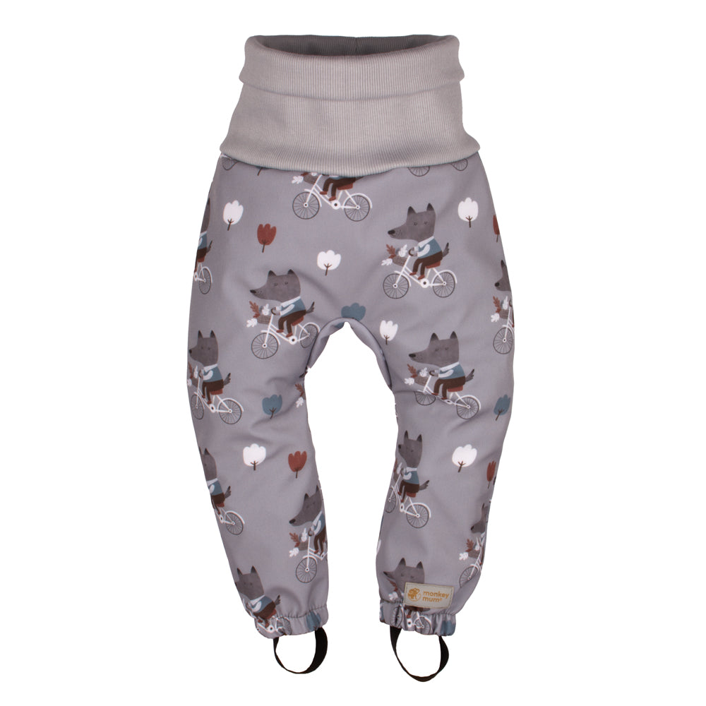 Mitwachsende Kinder-Softshellhose mit Membran Monkey Mum® - Wölfe auf dem Rad