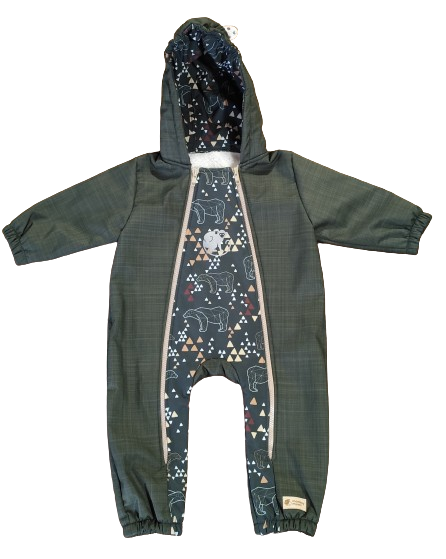 Monkey Mum® Kinder-Winter-Softshelloverall mit Lammfellfutter - Khakifarbener Jäger mit Bär - Gr.62/68, 74/80
