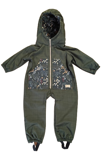 Monkey Mum® Mono infantil de invierno de softshell con borreguito - Pequeño cazador caqui con oso - talla 98/104, 110/116