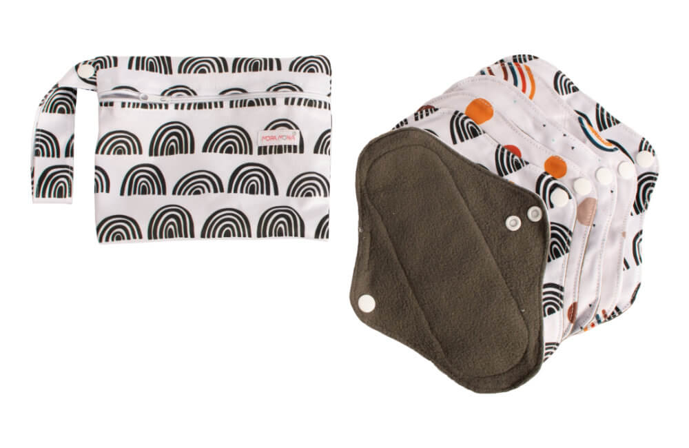 Assorbenti di stoffa con bottone a pressione - set da 6 pz - Arcobaleni in bianco e nero