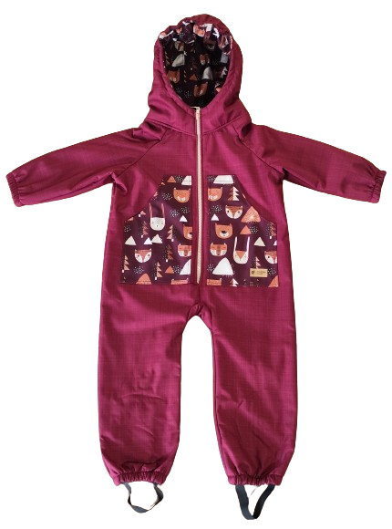 Monkey Mum® Barns vinter-softshelloverall med teddyfoder - Vinröd Rödluvan i skogen - stl. 98/104, 110/116