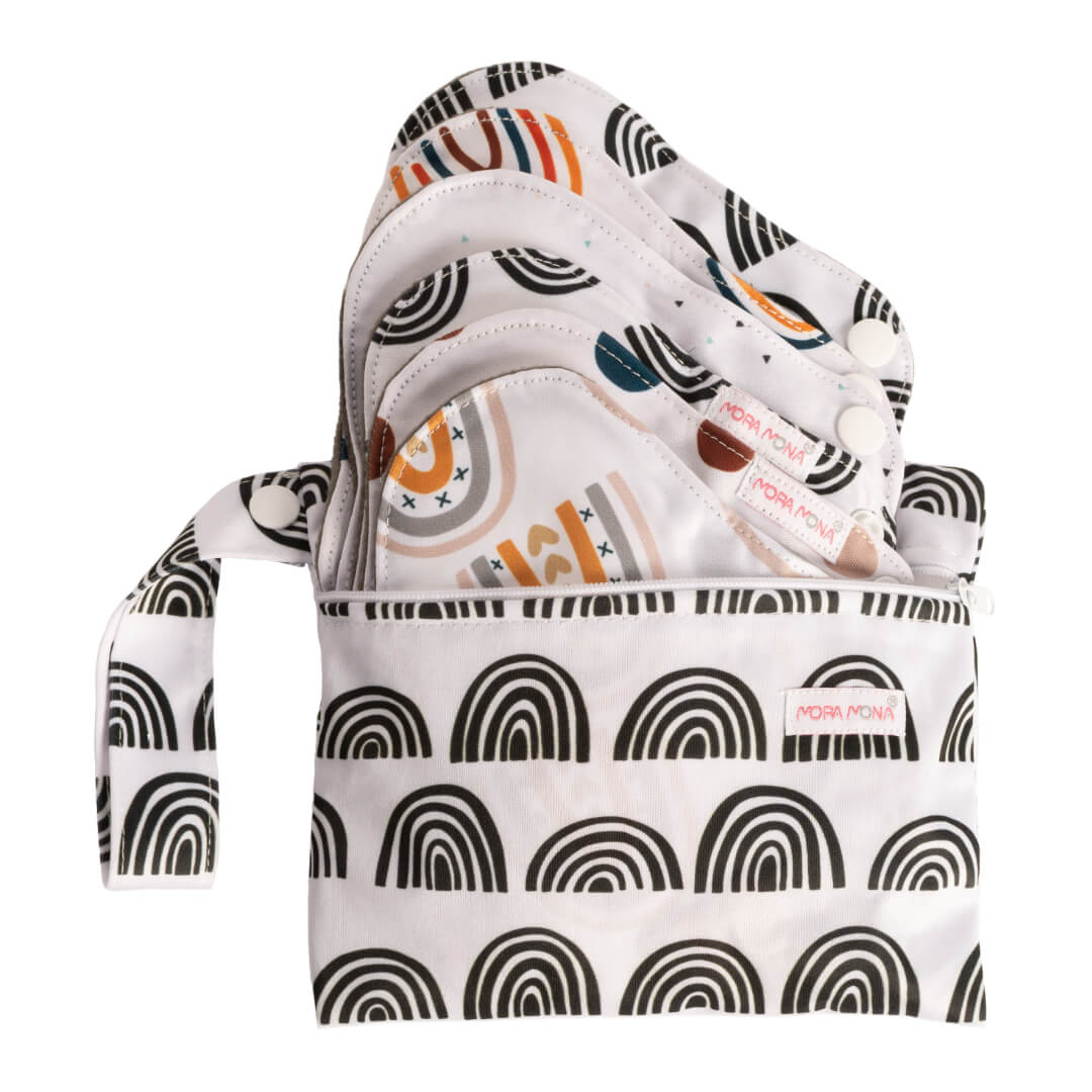 Assorbenti di stoffa con bottone a pressione - set da 6 pz - Arcobaleni in bianco e nero