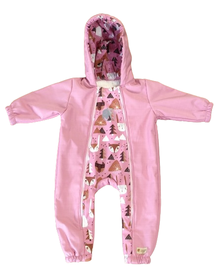Monkey Mum® Barns vinter-softshelloverall med teddyfoder - Rosa får i skogen - stl. 62/68, 74/80