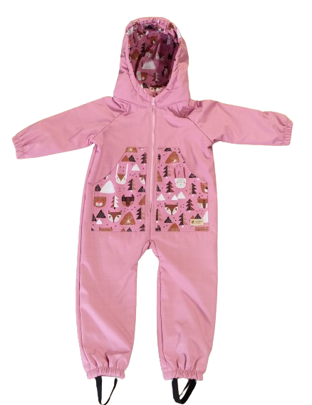 Monkey Mum® Barns vinter-softshelloverall med teddyfoder - Rosa får i skogen - stl. 98/104, 110/116